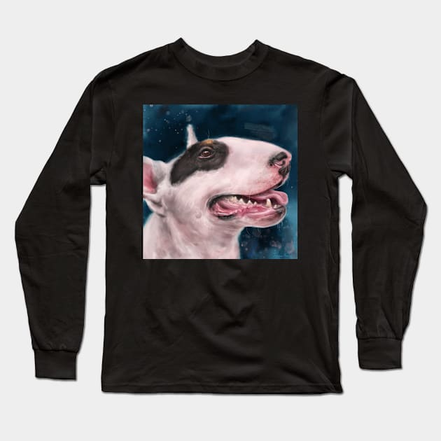 Painting of a Bull Terrier With Black Spot on Eye and Tongue Out on Dark Blue Background Long Sleeve T-Shirt by ibadishi